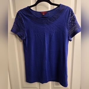 212 Collection. Blue tp size small, crotchet sleeves and neckline